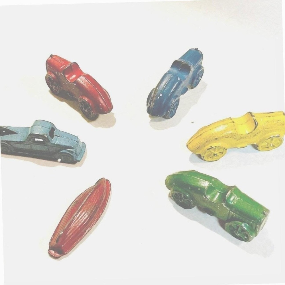 Vintage Slush Mold Lead Toy Cars & Boat Set of 6 Antique